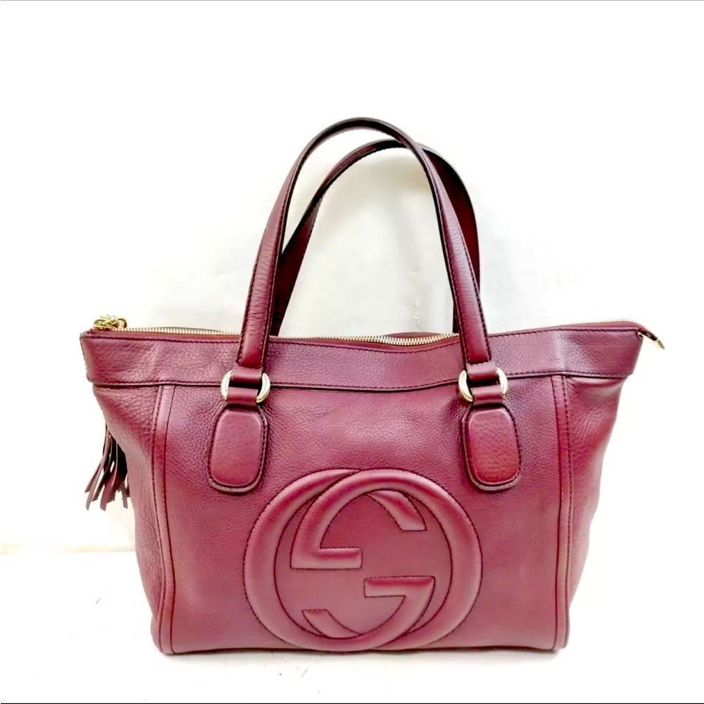 Auth Gucci Bordeaux Purple Leather SoHo Small GG Monogram Zip Working Tote